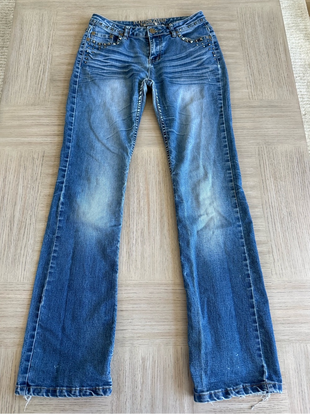 VTG Platinum Plush Studded Flare Jeans Y2K Embellished Pocket Bootcut Denim SZ 9